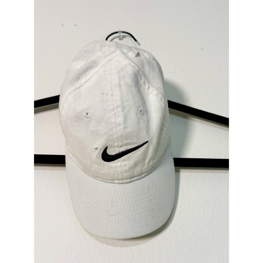 Nike 4-7 White Baseball Cap, Stock Number A10, Black Swoosh Adjustable Strapback